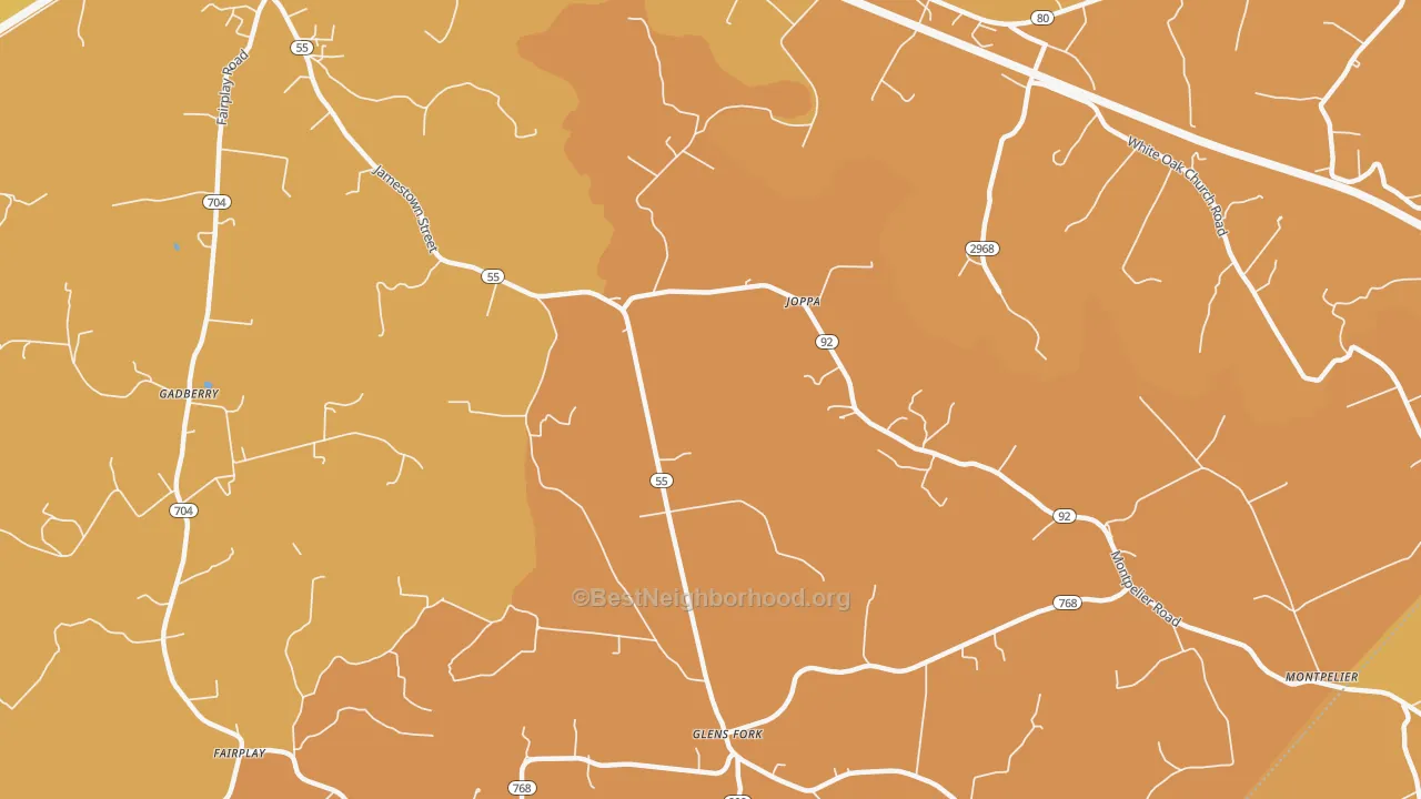 Map of the best neighborhoods in the Joppa area, with better matches in green and worse matches in red