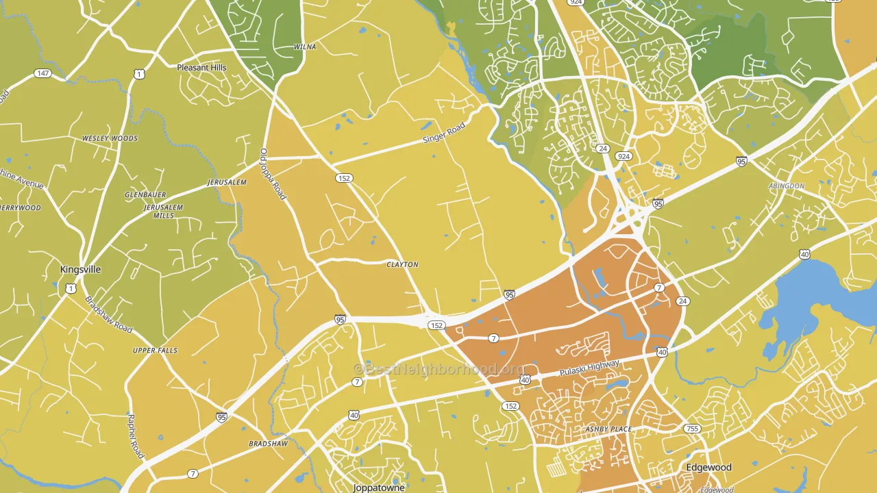 Map of the best neighborhoods in the Joppa area, with better matches in green and worse matches in red