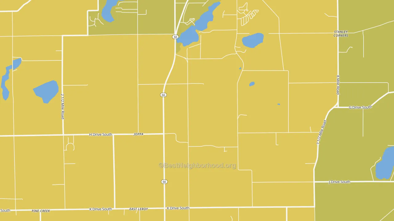 Map of the best neighborhoods in the Joppa area, with better matches in green and worse matches in red