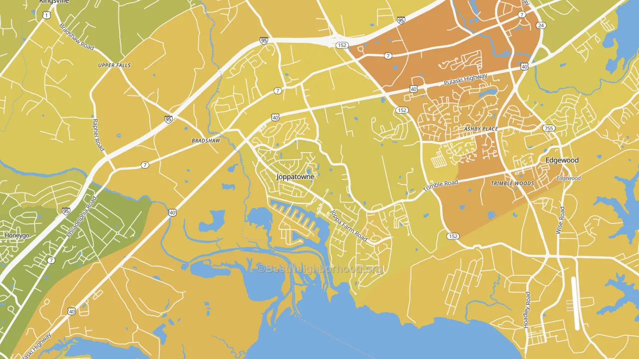 Map of the best neighborhoods in the Joppatowne area, with better matches in green and worse matches in red