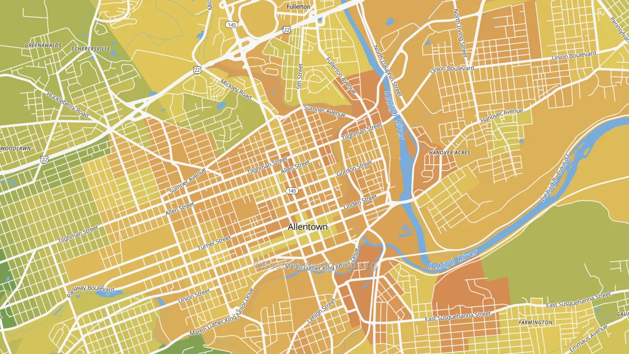 Map of the best neighborhoods in the Jordan Heights, Allentown area, with better matches in green and worse matches in red