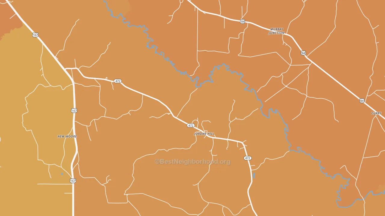 Map of the best neighborhoods in the Jordan Hill area, with better matches in green and worse matches in red