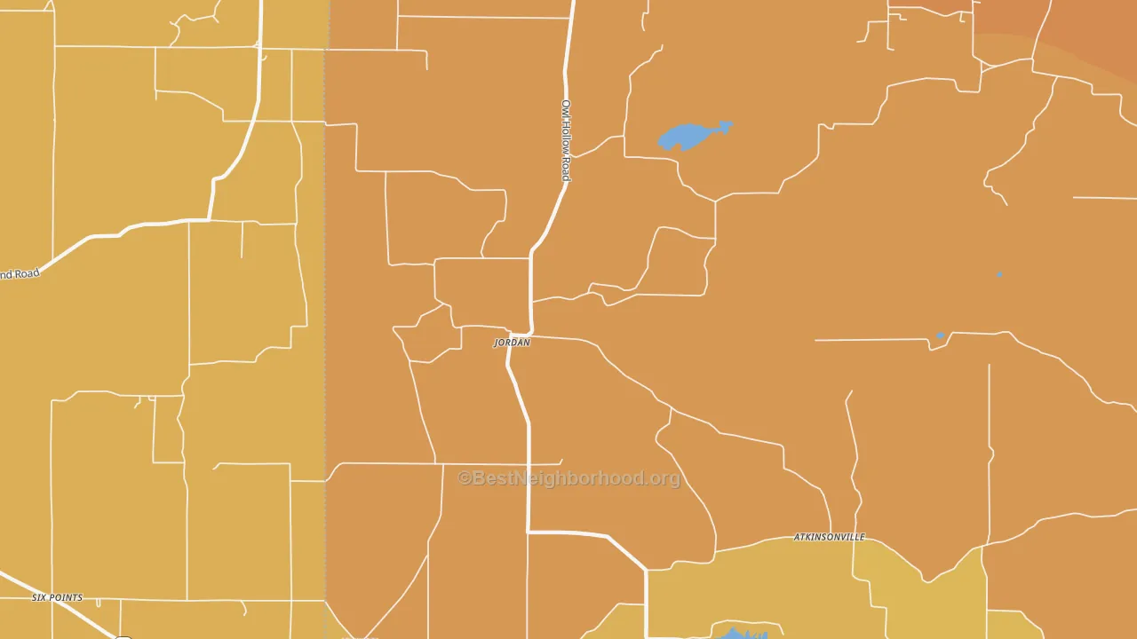 Map of the best neighborhoods in the Jordan area, with better matches in green and worse matches in red