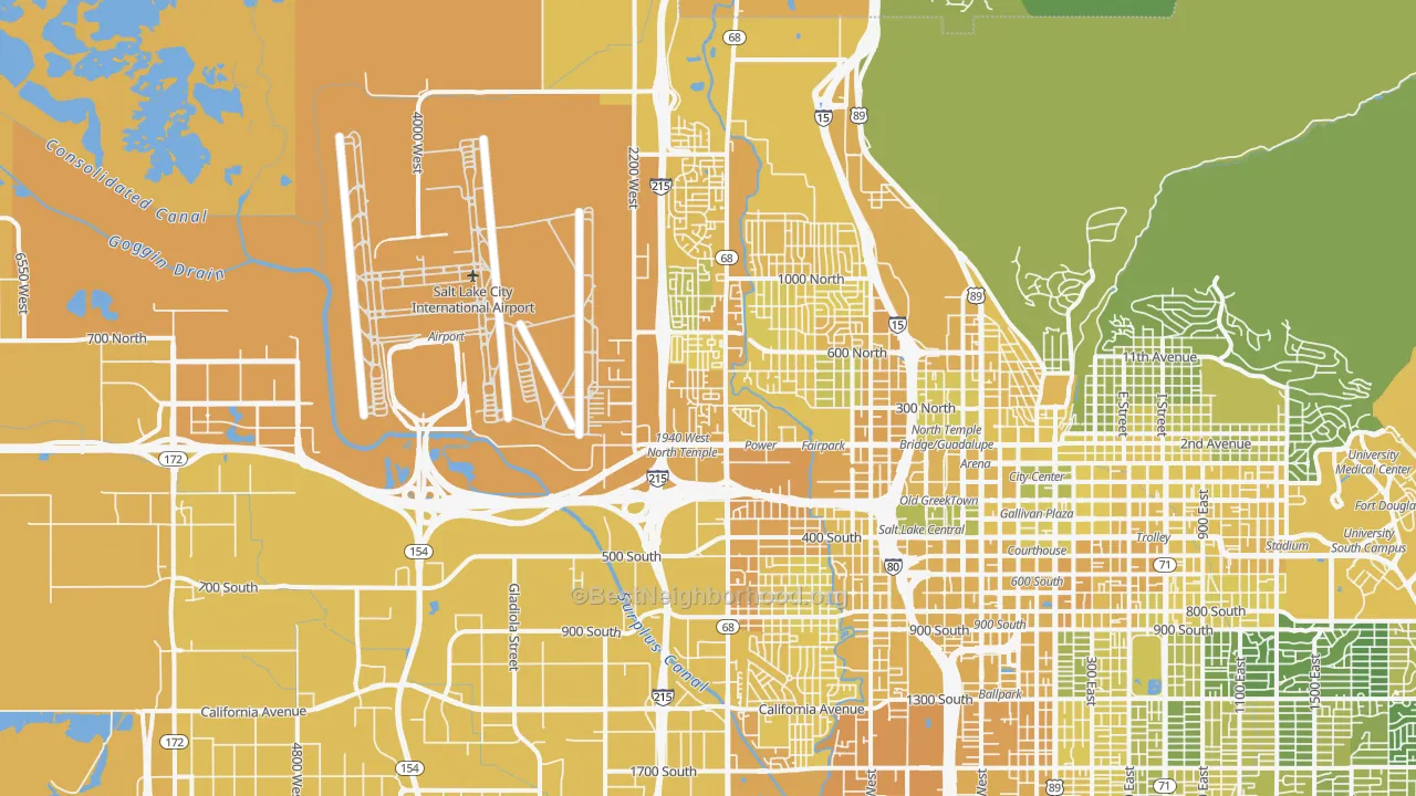 Map of the best neighborhoods in the Jordan Meadows, Salt Lake City area, with better matches in green and worse matches in red
