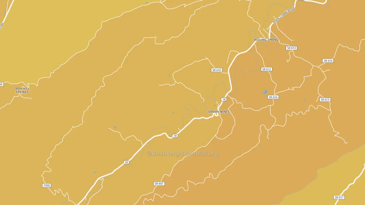 Map of the best neighborhoods in the Jordan Mines area, with better matches in green and worse matches in red