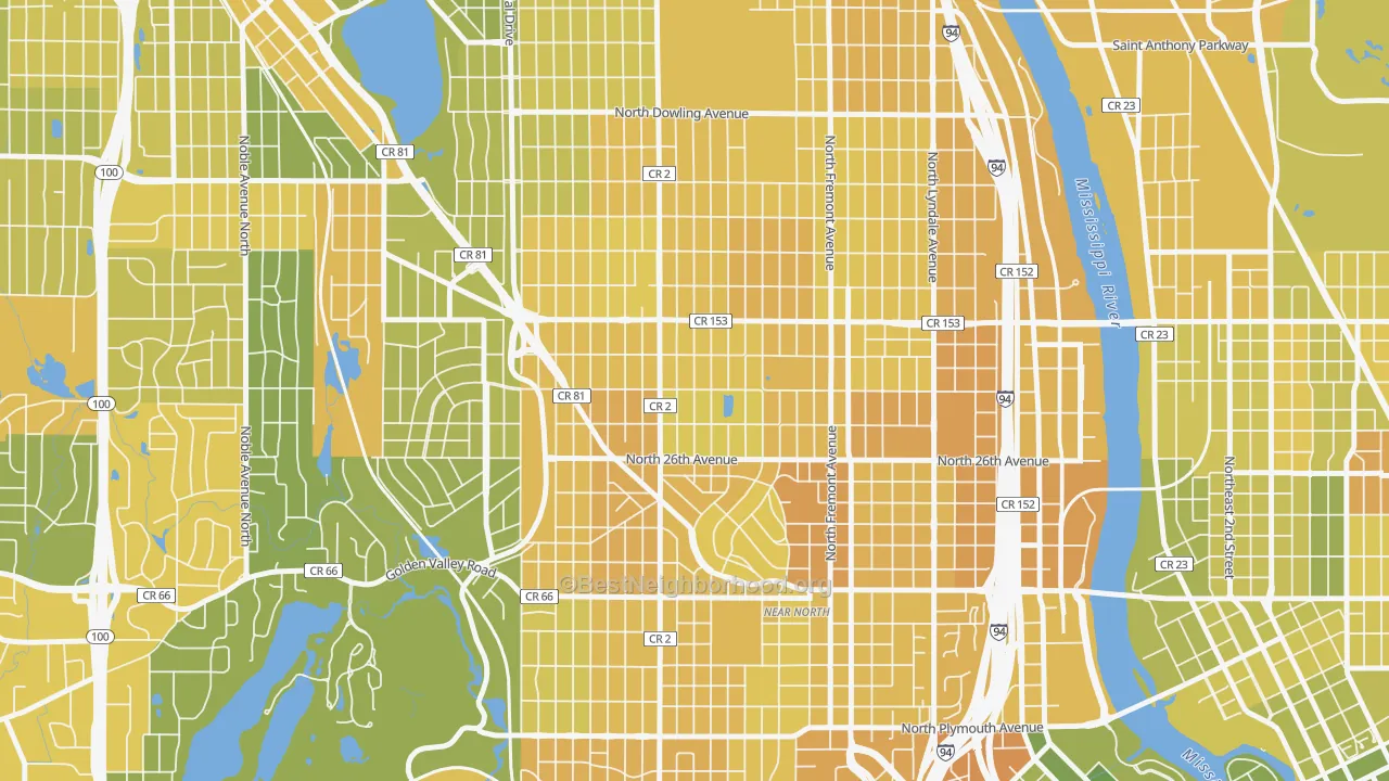 Map of the best neighborhoods in the Jordan, Minneapolis area, with better matches in green and worse matches in red