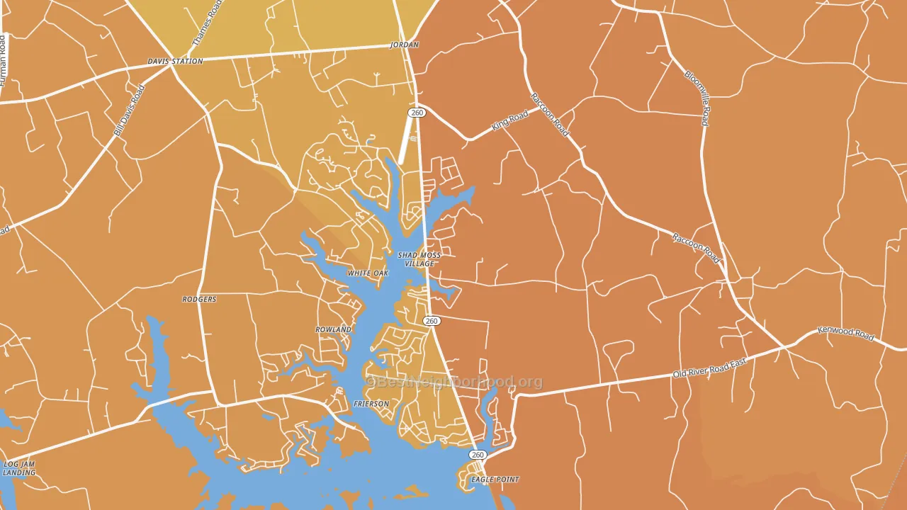 Map of the best neighborhoods in the Jordan area, with better matches in green and worse matches in red
