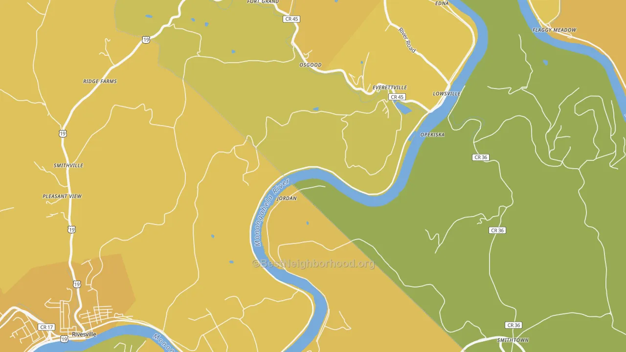Map of the best neighborhoods in the Jordan area, with better matches in green and worse matches in red