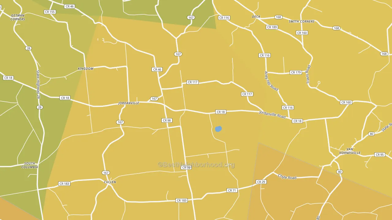 Map of the best neighborhoods in the Jordanville area, with better matches in green and worse matches in red