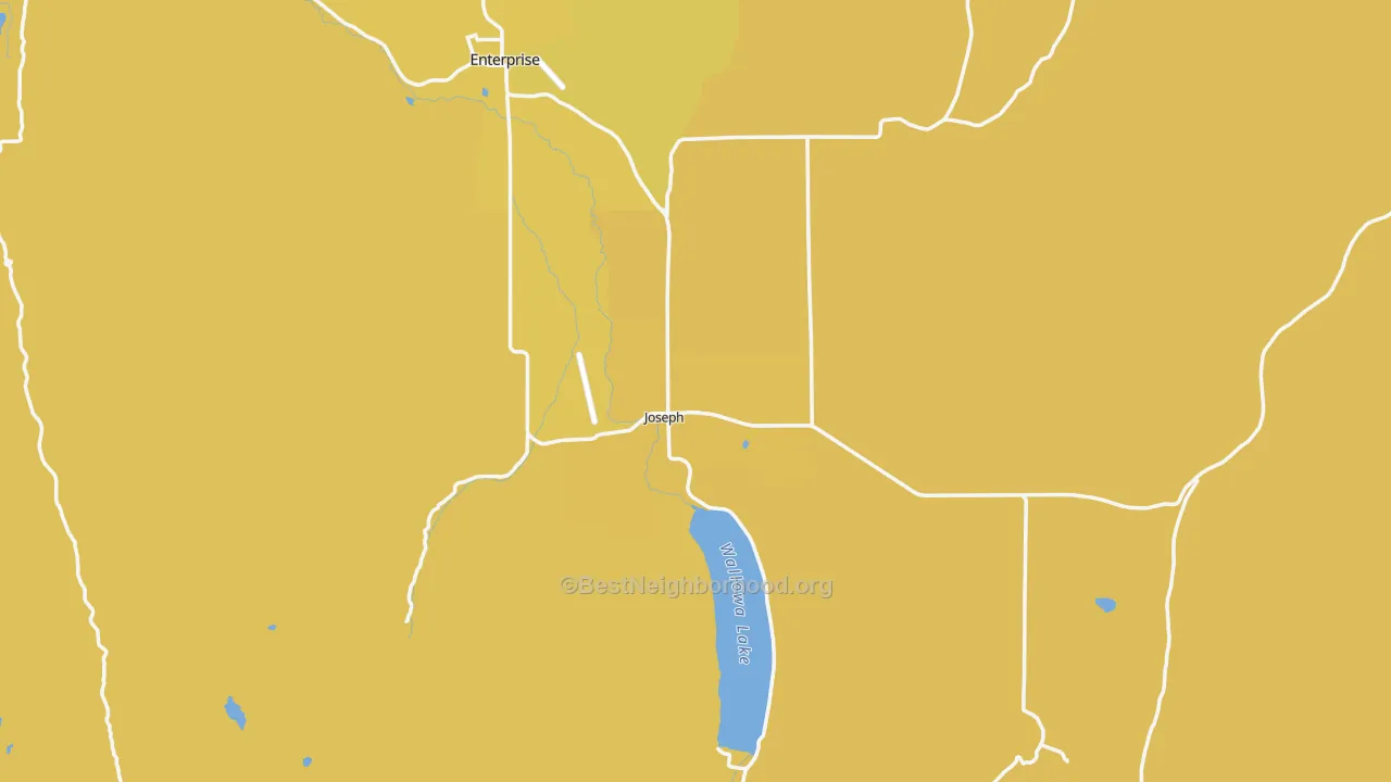 Map of the best neighborhoods in the Joseph area, with better matches in green and worse matches in red