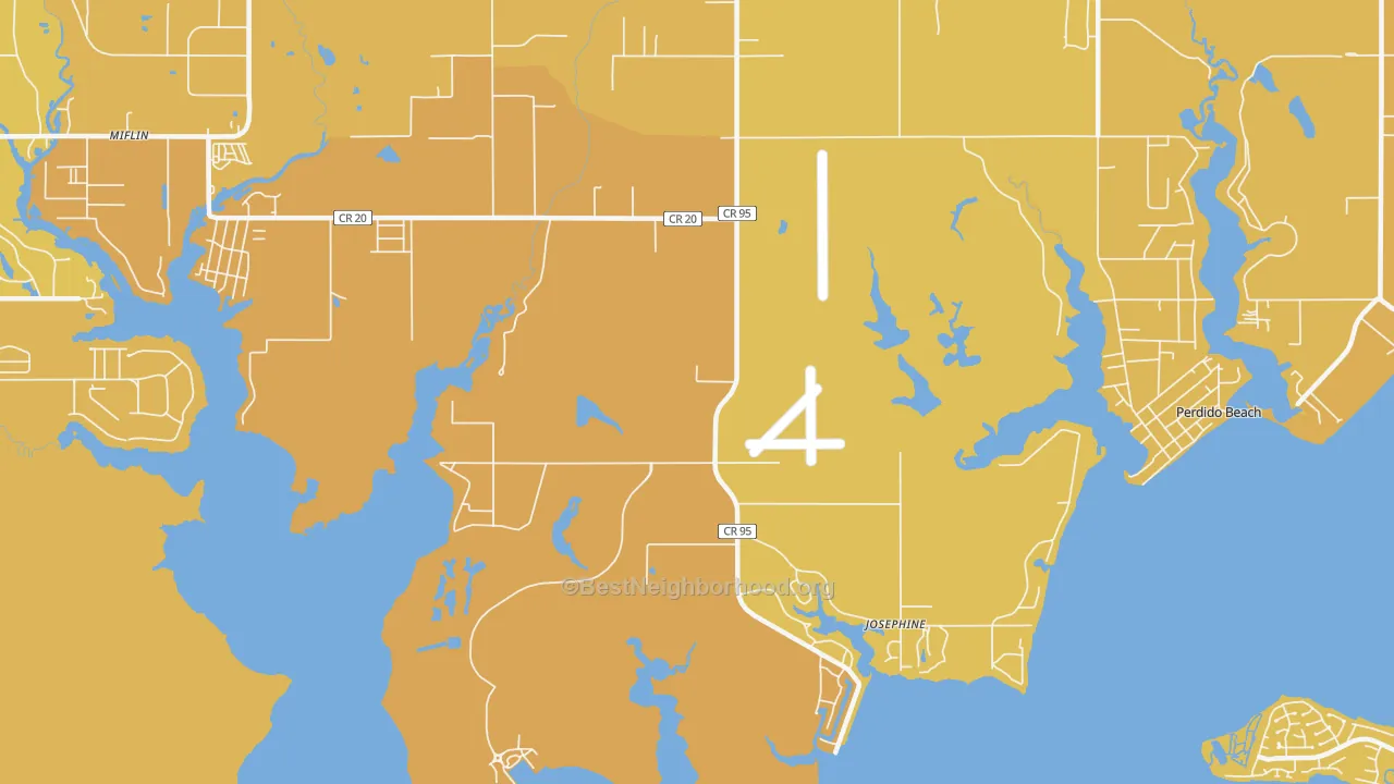 Map of the best neighborhoods in the Josephine area, with better matches in green and worse matches in red