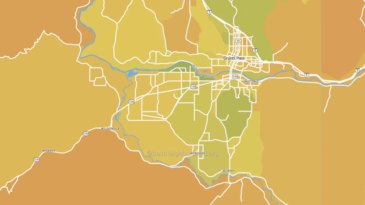 Map of the best neighborhoods in the Josephine County area, with better matches in green and worse matches in red