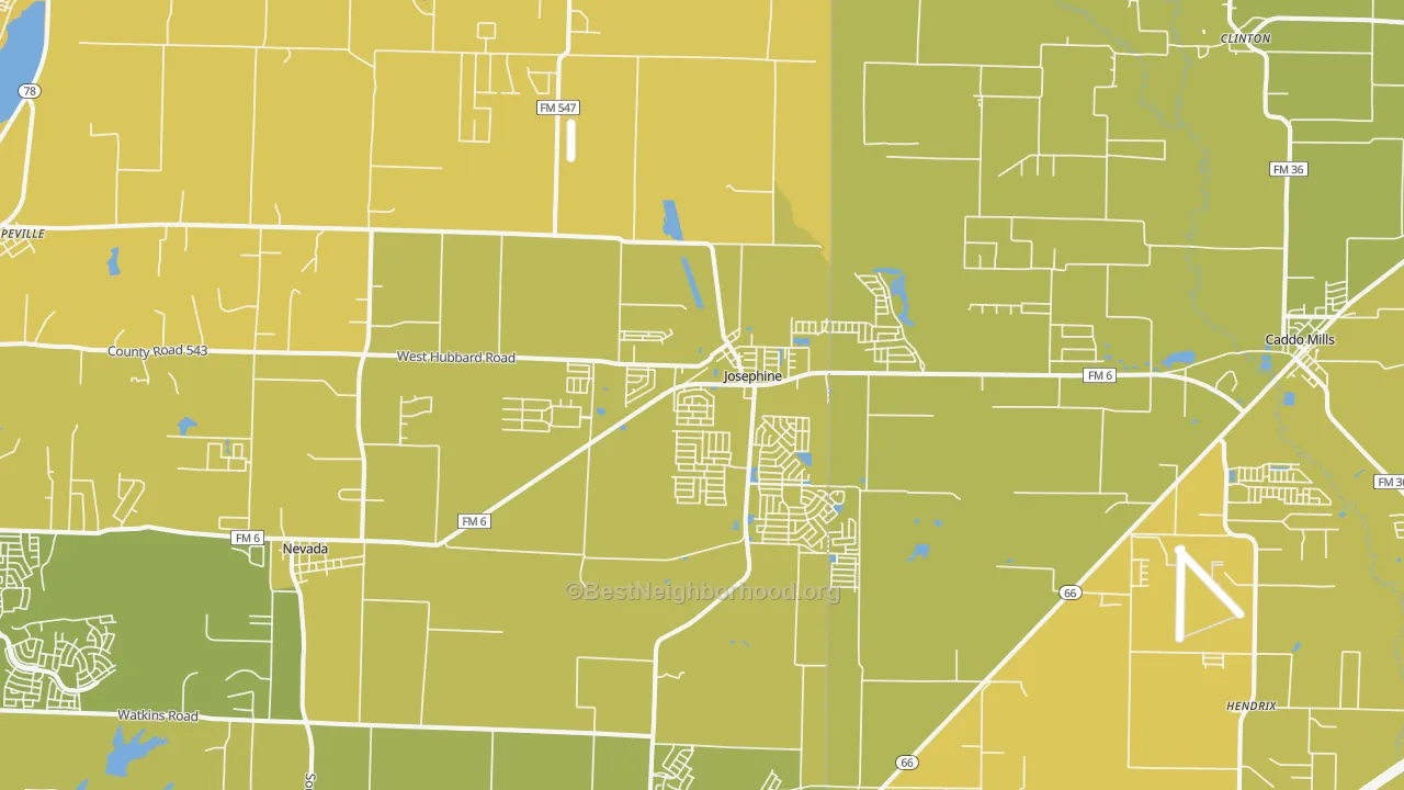 Map of the best neighborhoods in the Josephine area, with better matches in green and worse matches in red