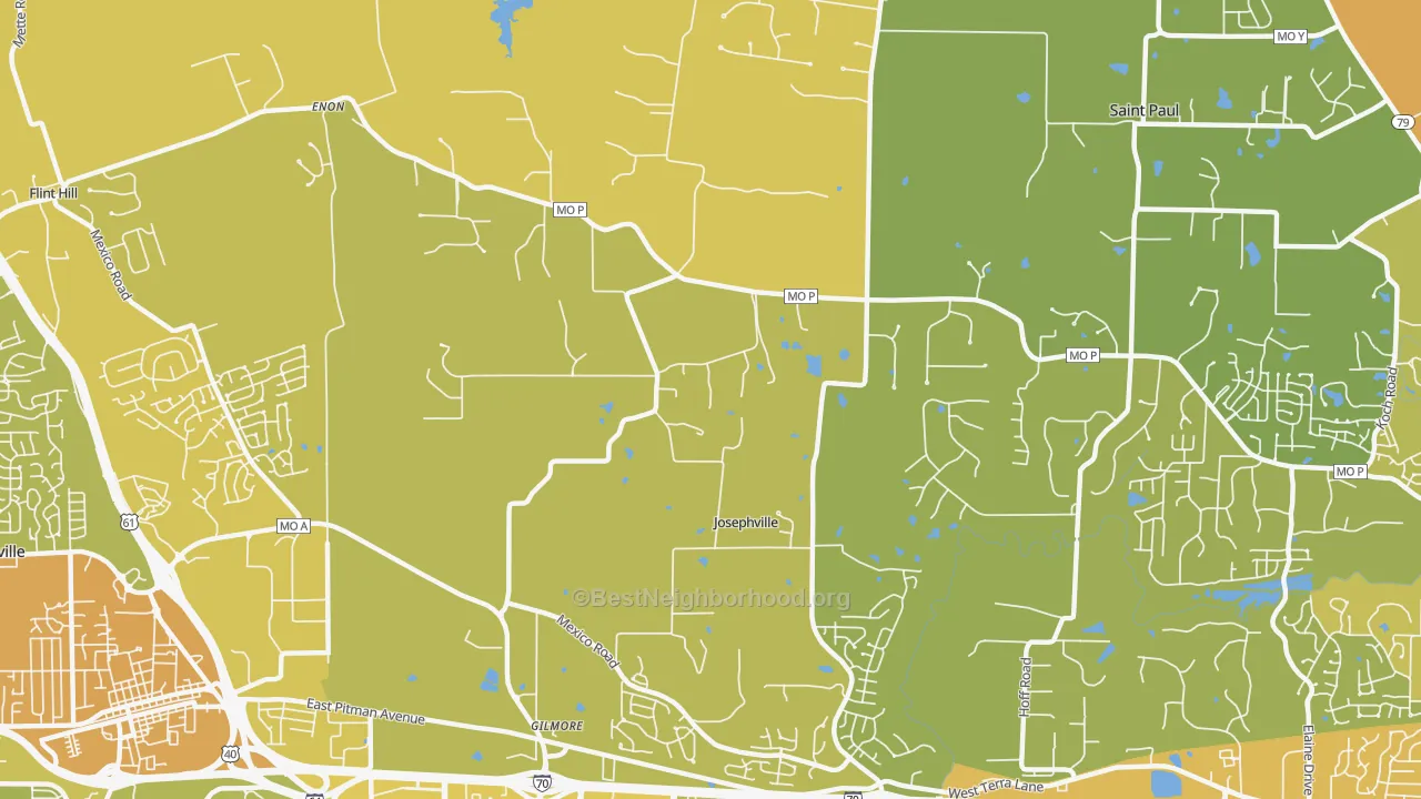 Map of the best neighborhoods in the Josephville area, with better matches in green and worse matches in red