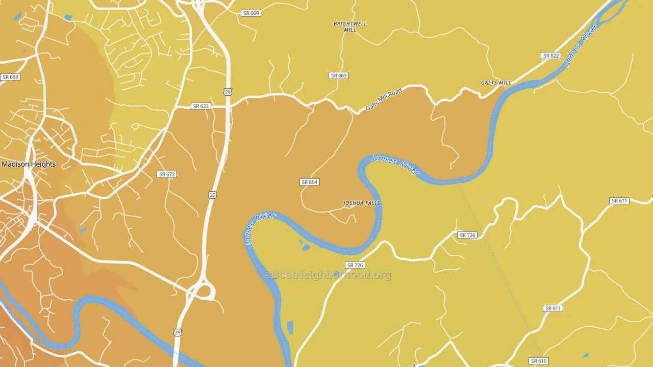 Map of the best neighborhoods in the Joshua Falls area, with better matches in green and worse matches in red