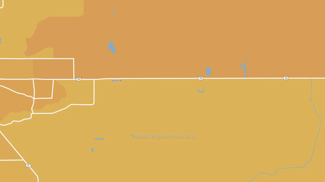 Map of the best neighborhoods in the Joshua area, with better matches in green and worse matches in red