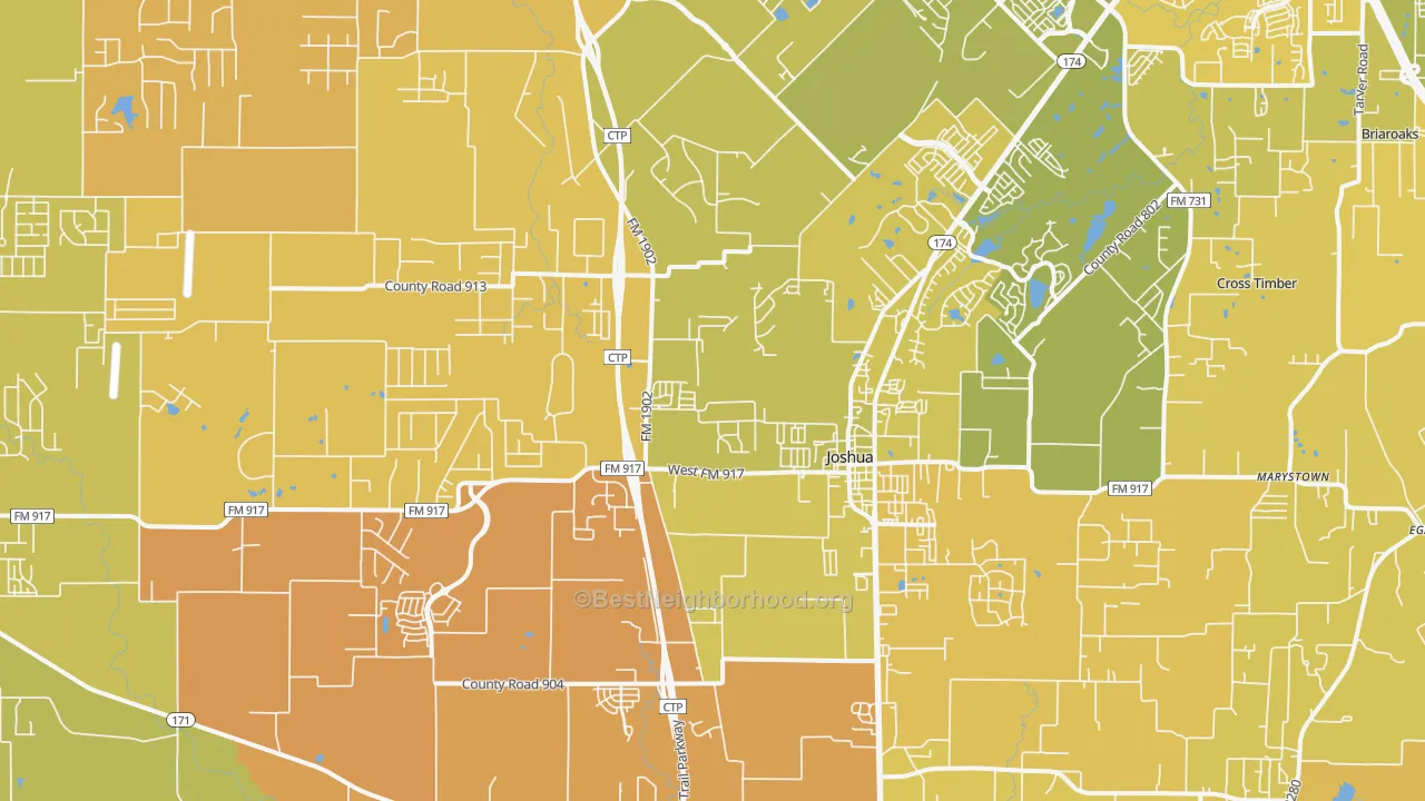 Map of the best neighborhoods in the Joshua area, with better matches in green and worse matches in red