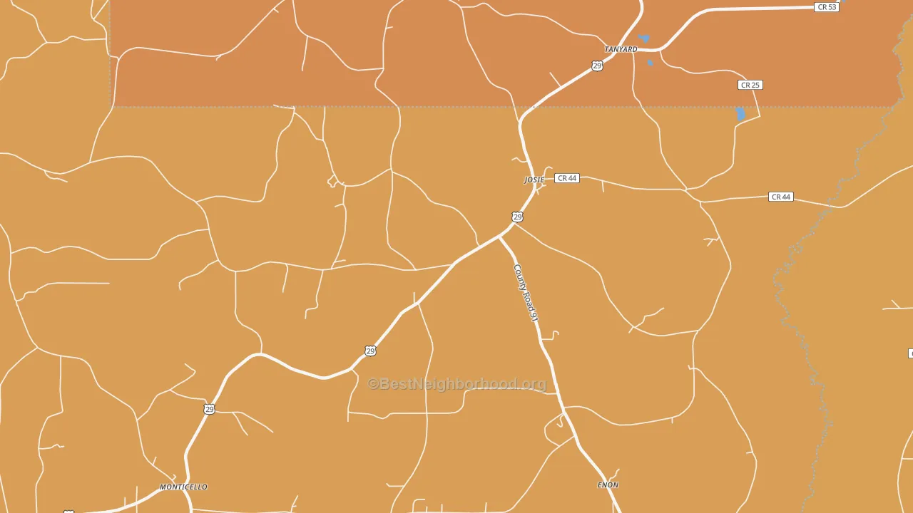 Map of the best neighborhoods in the Josie area, with better matches in green and worse matches in red