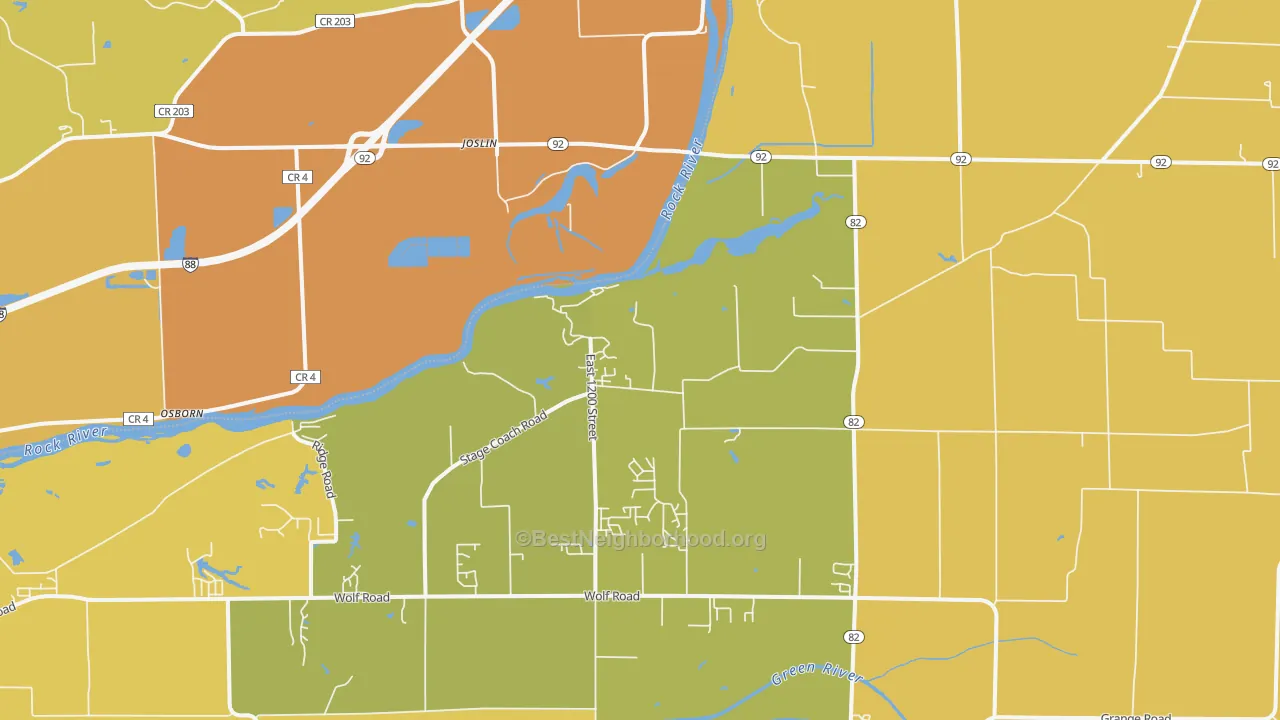 Map of the best neighborhoods in the Joslin area, with better matches in green and worse matches in red