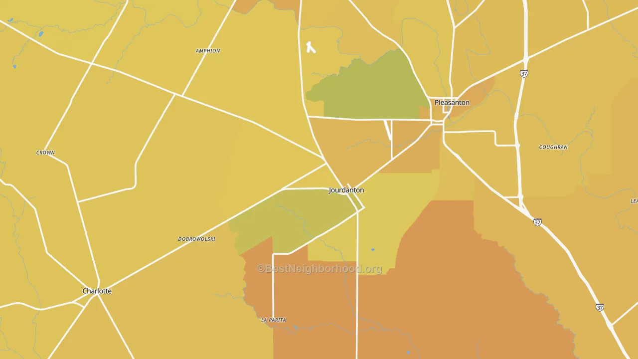 Map of the best neighborhoods in the Jourdanton area, with better matches in green and worse matches in red