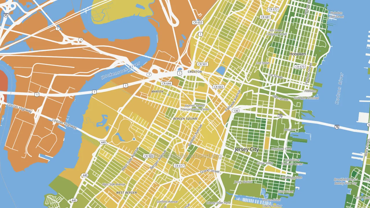 Map of the best neighborhoods in the Journal Square, Jersey City area, with better matches in green and worse matches in red