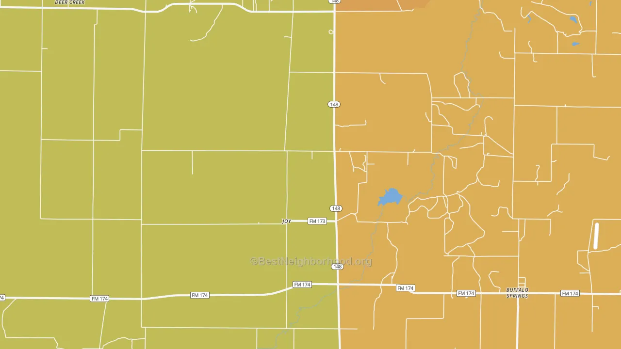 Map of the best neighborhoods in the Joy area, with better matches in green and worse matches in red