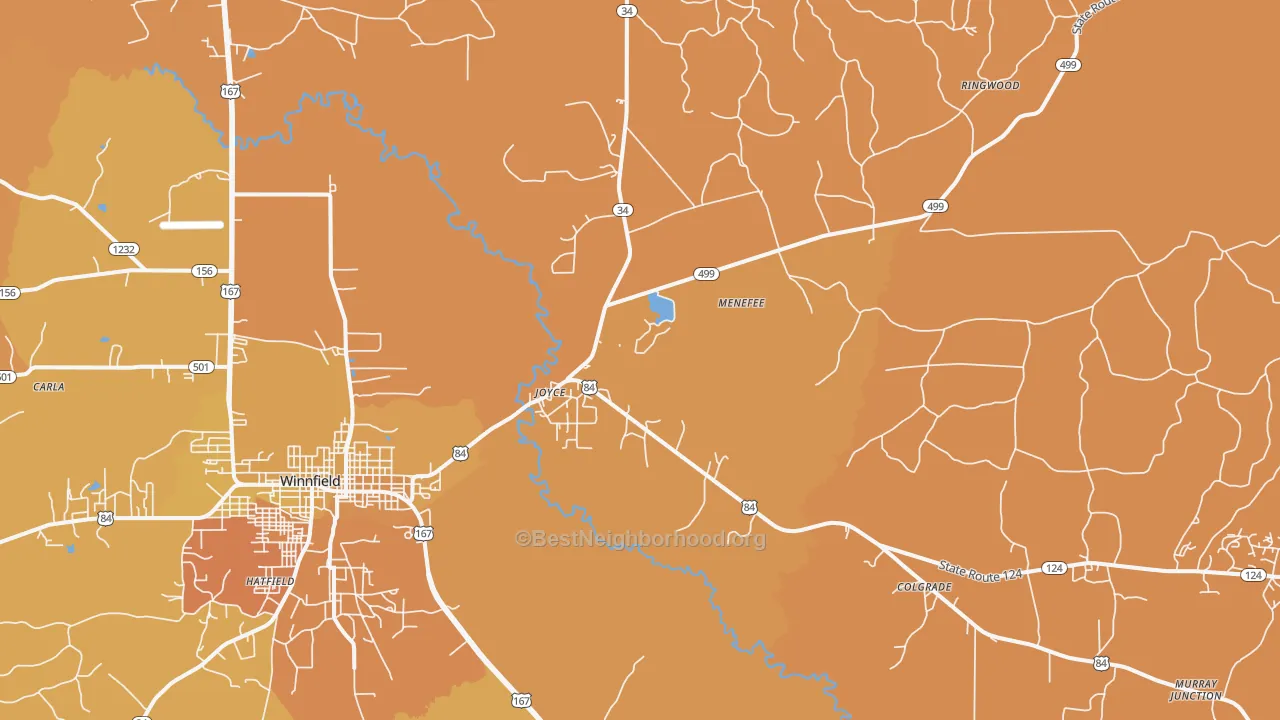 Map of the best neighborhoods in the Joyce area, with better matches in green and worse matches in red