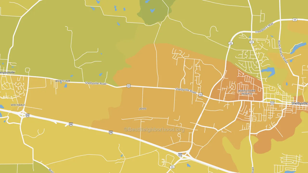 Map of the best neighborhoods in the Joyes area, with better matches in green and worse matches in red