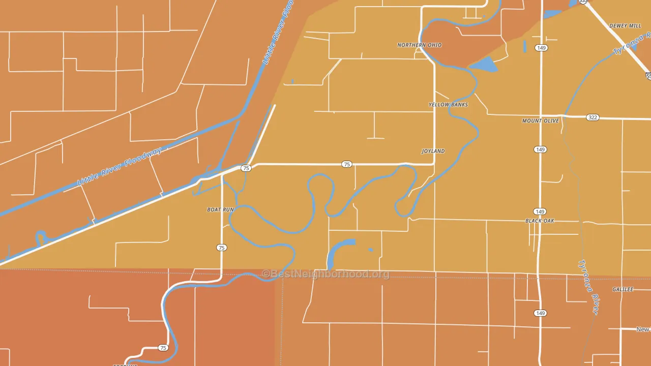 Map of the best neighborhoods in the Joyland area, with better matches in green and worse matches in red
