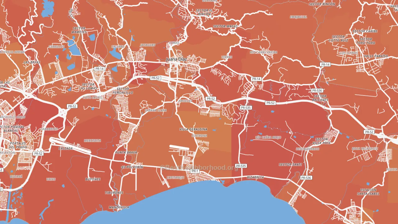 Map of the best neighborhoods in the Juana Diaz area, with better matches in green and worse matches in red