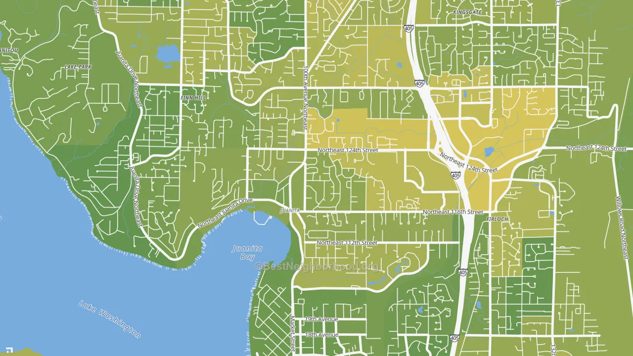 Map of the best neighborhoods in the Juanita, Kirkland area, with better matches in green and worse matches in red