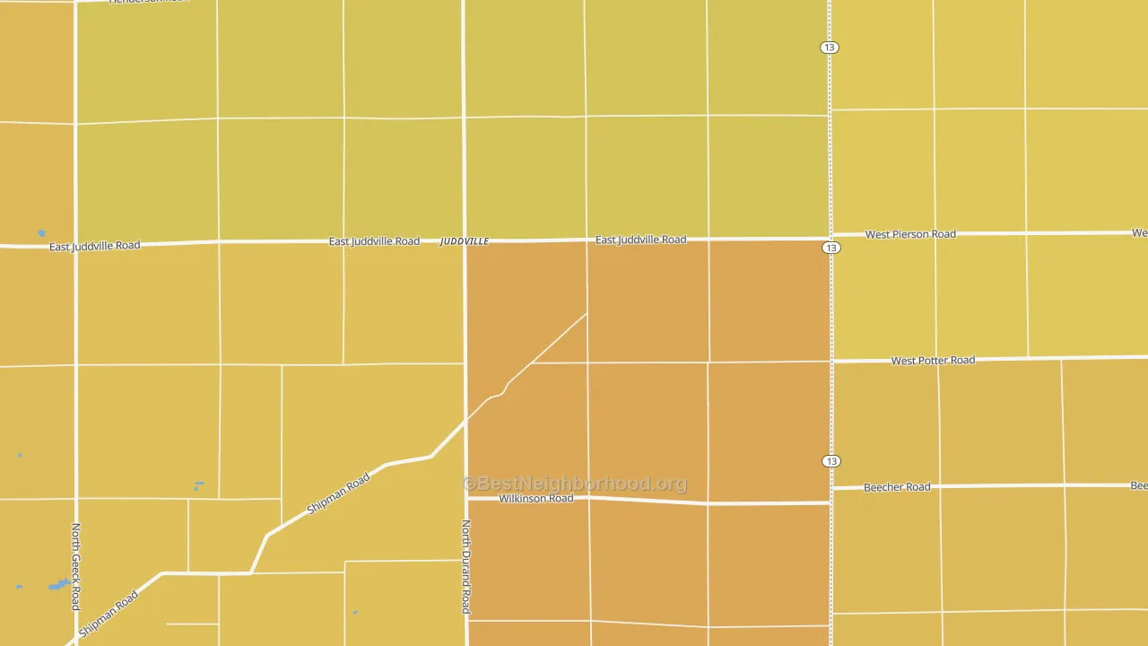 Map of the best neighborhoods in the Juddville area, with better matches in green and worse matches in red