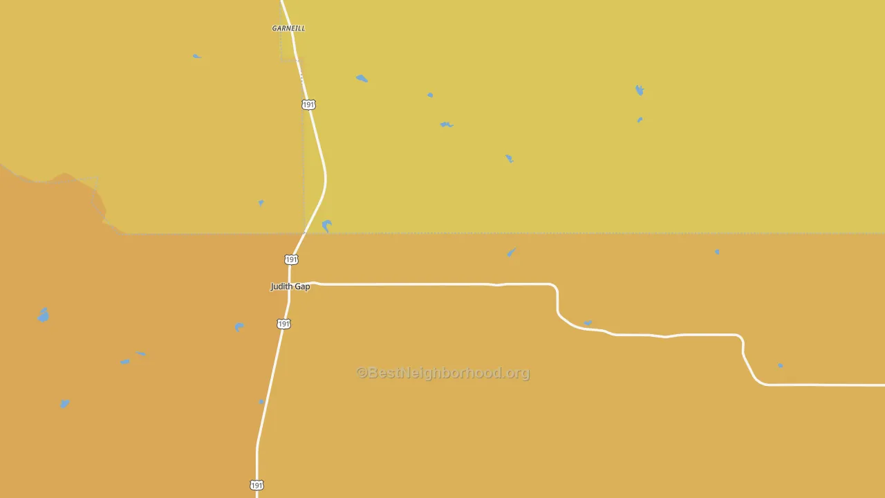 Map of the best neighborhoods in the Judith Gap area, with better matches in green and worse matches in red