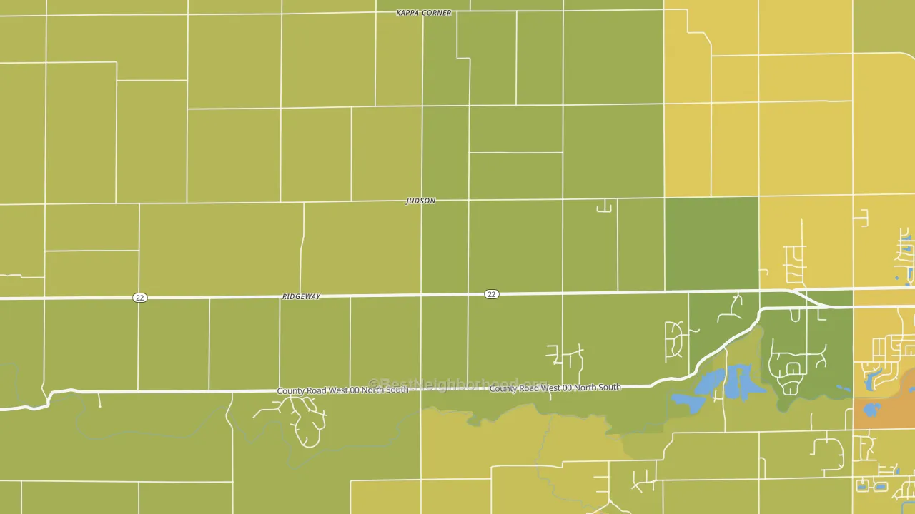 Map of the best neighborhoods in the Judson area, with better matches in green and worse matches in red