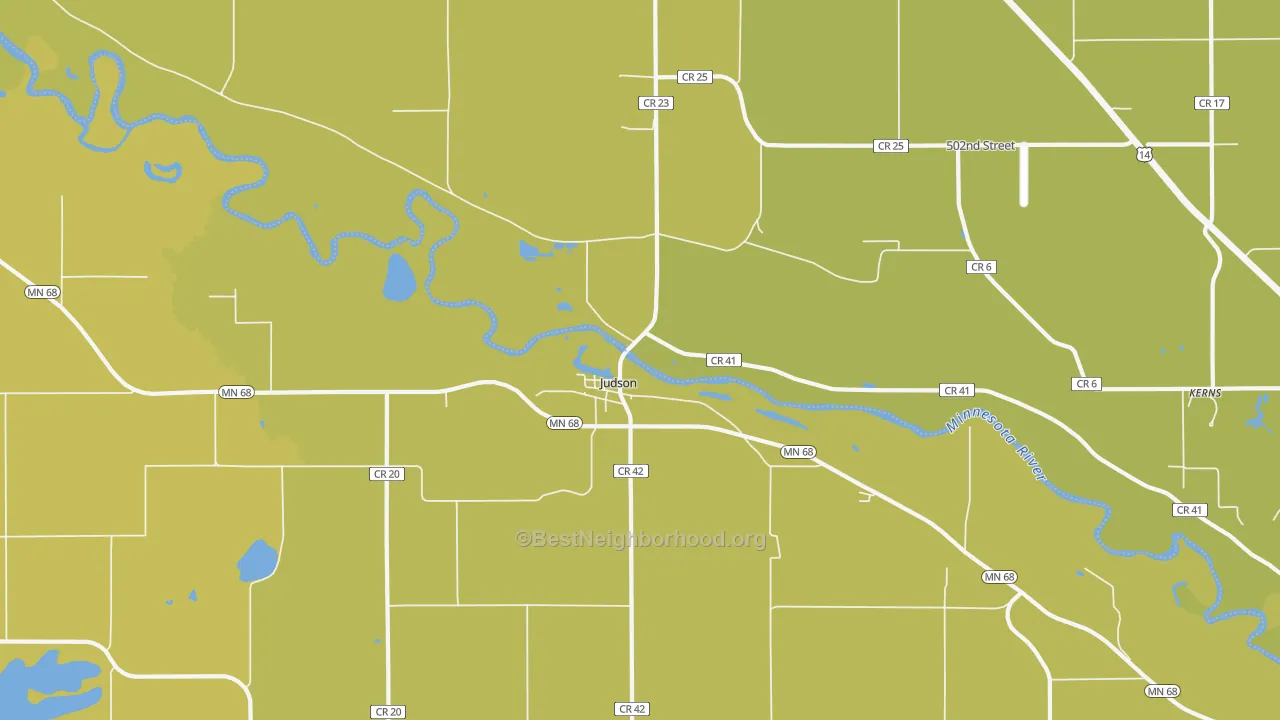 Map of the best neighborhoods in the Judson area, with better matches in green and worse matches in red