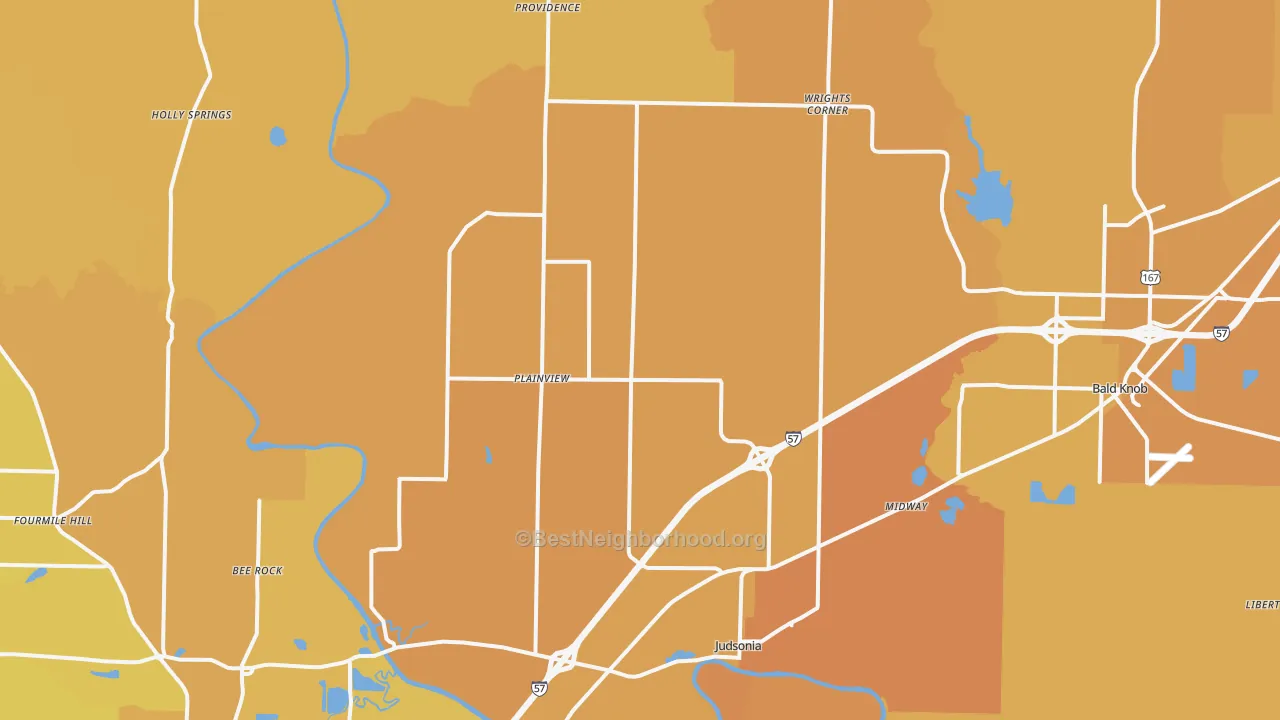 Map of the best neighborhoods in the Judsonia area, with better matches in green and worse matches in red