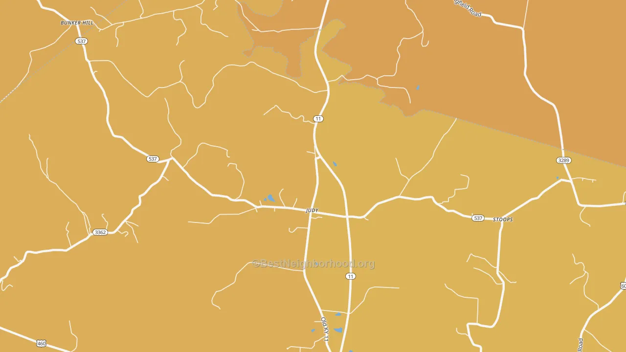 Map of the best neighborhoods in the Judy area, with better matches in green and worse matches in red