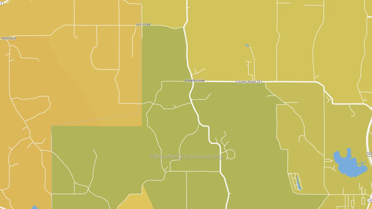 Map of the best neighborhoods in the Jug Fork area, with better matches in green and worse matches in red