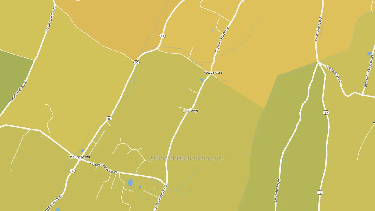 Map of the best neighborhoods in the Jugtown area, with better matches in green and worse matches in red