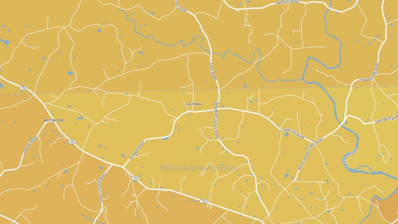 Map of the best neighborhoods in the Jugtown area, with better matches in green and worse matches in red