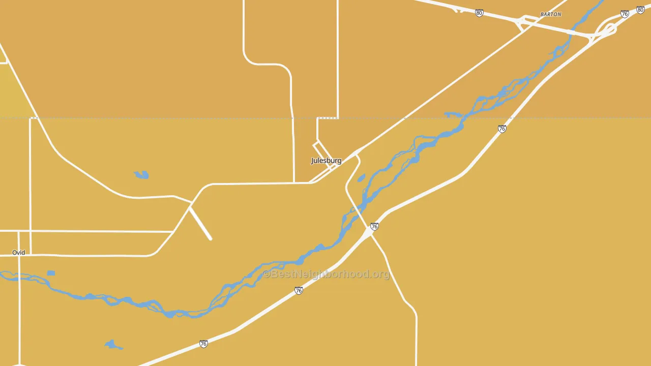 Map of the best neighborhoods in the Julesburg area, with better matches in green and worse matches in red