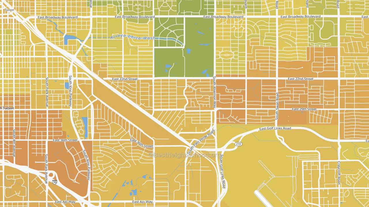 Map of the best neighborhoods in the Julia Keen, Tucson area, with better matches in green and worse matches in red