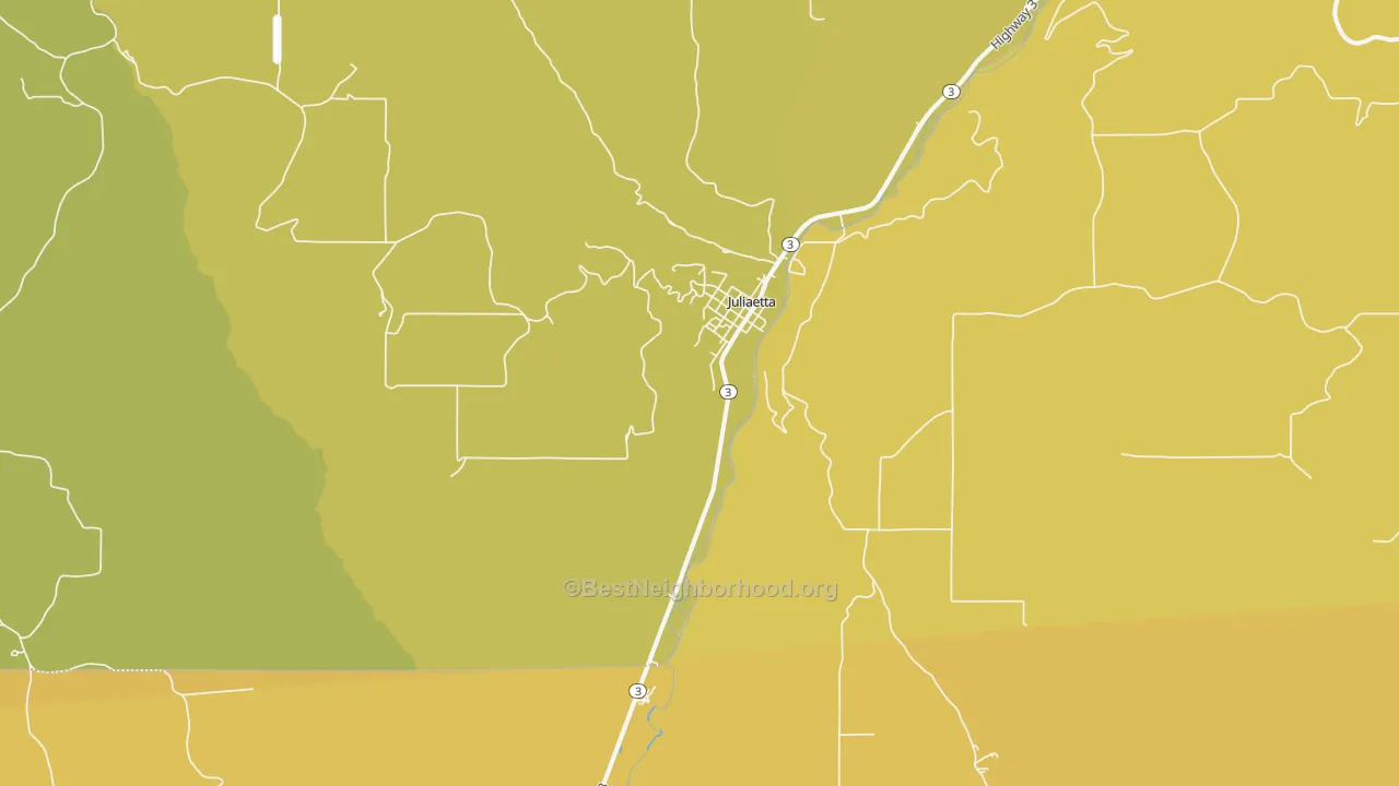 Map of the best neighborhoods in the Juliaetta area, with better matches in green and worse matches in red