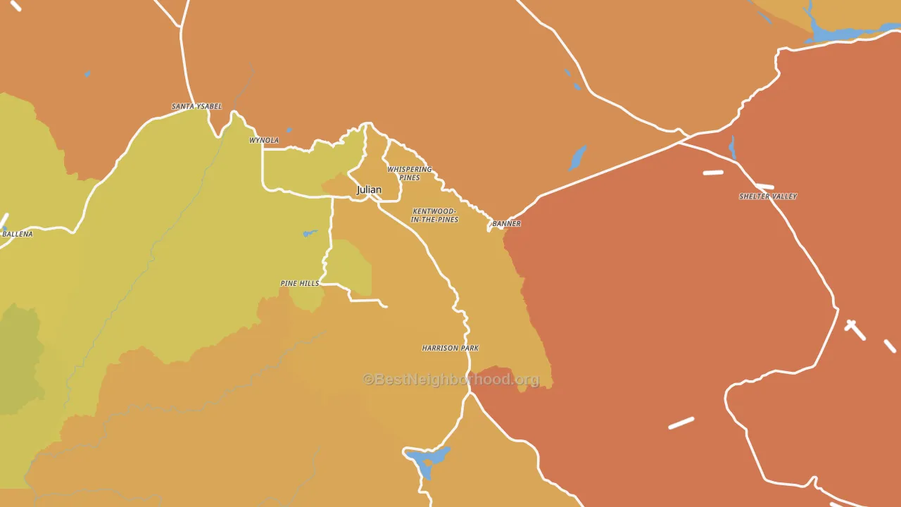 Map of the best neighborhoods in the Julian area, with better matches in green and worse matches in red