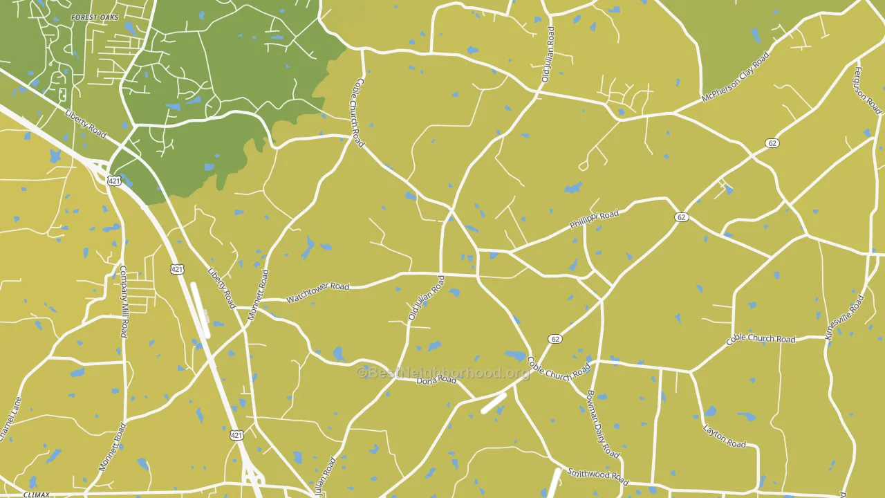 Map of the best neighborhoods in the Julian area, with better matches in green and worse matches in red