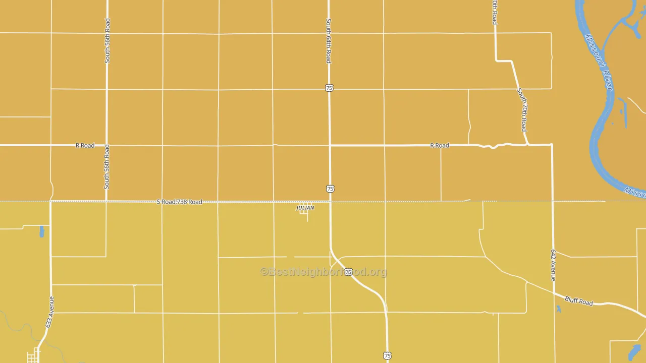 Map of the best neighborhoods in the Julian area, with better matches in green and worse matches in red