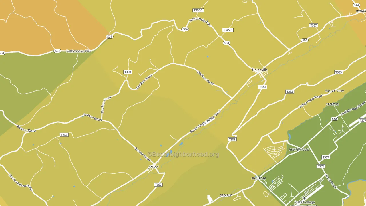 Map of the best neighborhoods in the Julian area, with better matches in green and worse matches in red