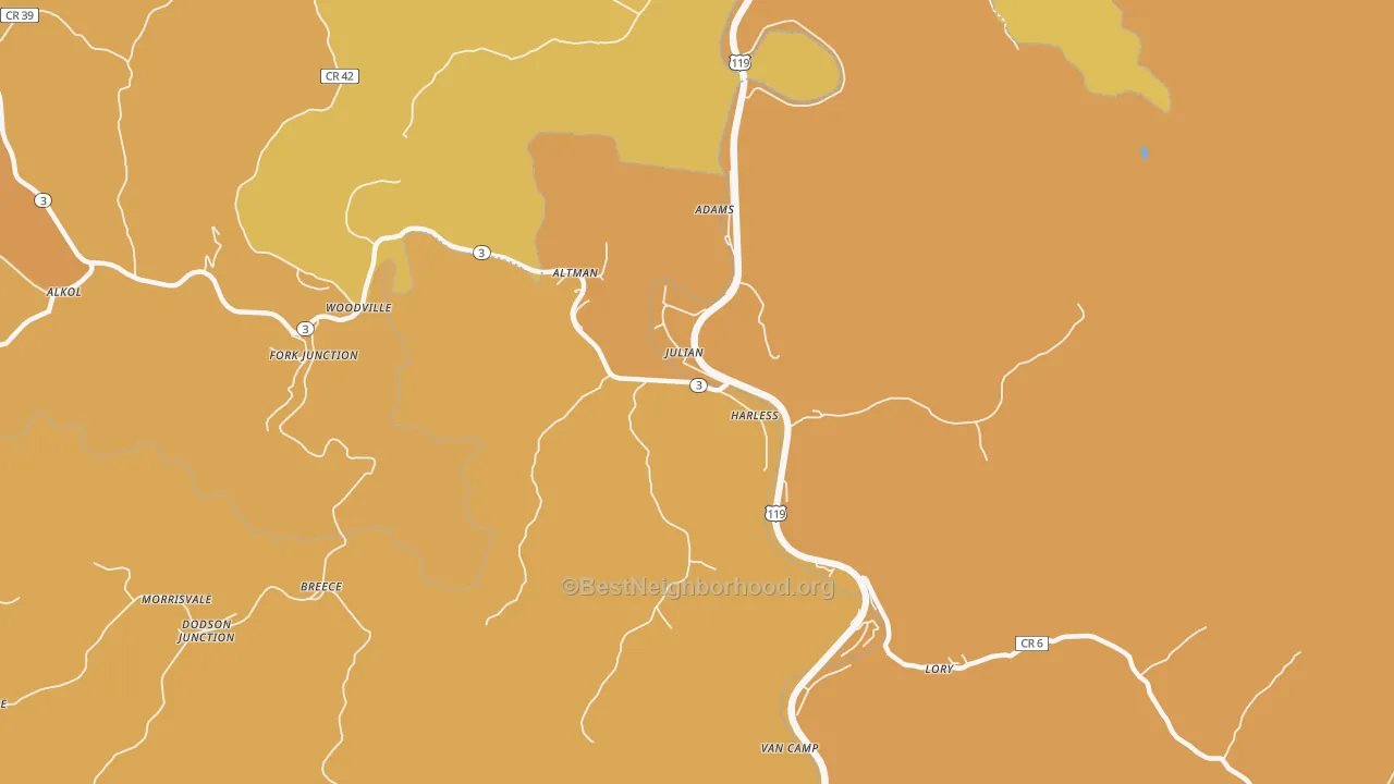 Map of the best neighborhoods in the Julian area, with better matches in green and worse matches in red