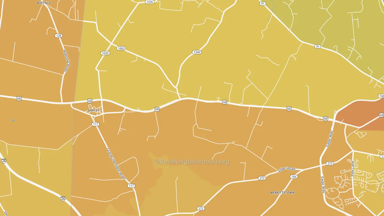Map of the best neighborhoods in the Julien area, with better matches in green and worse matches in red