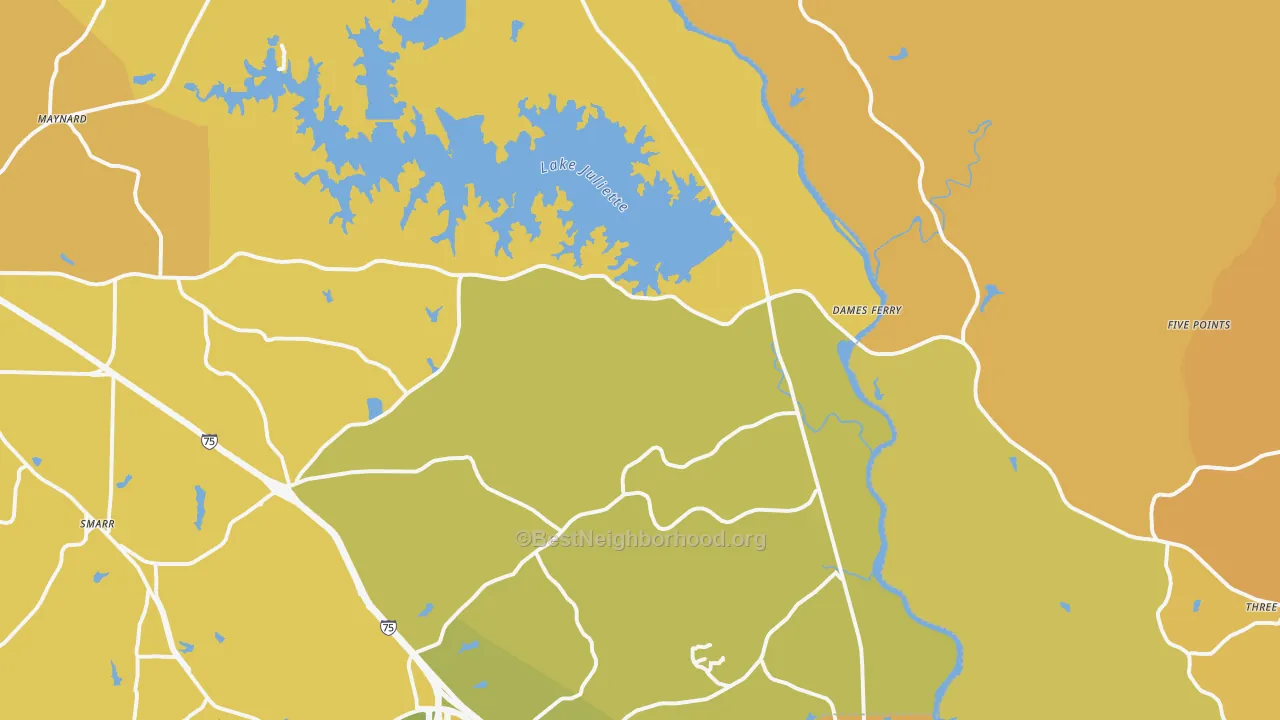 Map of the best neighborhoods in the Juliette area, with better matches in green and worse matches in red